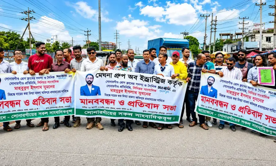 সোনারগাঁয়ে সাংবাদিক সুমনের বিরুদ্ধে মামলা প্রত্যাহারের দাবিতে মানববন্ধন